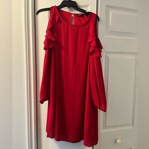 Reitmans Red shift dress, sleeves have a cut out, and frill along opening.